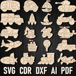 SVG 木製輸送パズル レーザーカット CNC 子供用、DXF 学習玩具 レーザーカット ファイル、Glowforge Cricut シルエット 電車 車 バス 飛行機