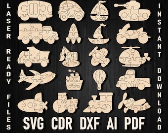 Svg Wooden Transport puzzle laser cut cnc for children, dxf Learning Toys Laser cut files, glowforge cricut silhouette train car bus plane