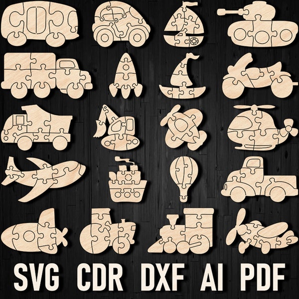 Svg Wooden Transport puzzle laser cut cnc for children, dxf Learning Toys Laser cut files, glowforge cricut silhouette train car bus plane