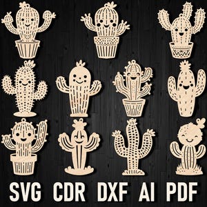Paquete de adornos navideños cortados con láser en formato SVG de cactus, descarga digital de Glowforge Cactus Cricut, plantilla de suculenta en formato SVG de flor de cactus Xtool vectorial
