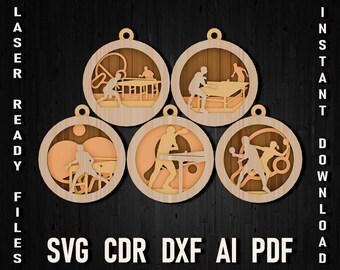 May include: Set of five laser cut wooden ornaments featuring table tennis players in various poses. The ornaments are circular and have a light wood finish.