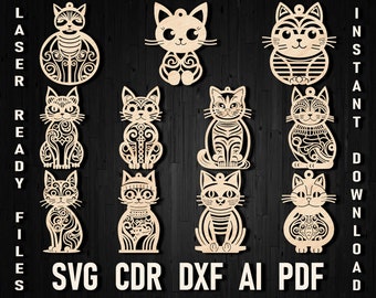 May include: Set of 10 laser cut cat ornament designs. The designs feature various styles of cats, including a round cat with a floral pattern, a cat with a striped pattern, and a cat with a geometric pattern. The designs are perfect for creating unique and personalized ornaments for any occasion.