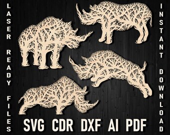 Rhinoceros Tree Svg Wall Art Panel Dxf AI and PDF Rhino Ornament Cut Files for Laser Cut, Wall Art Glowforge Files Cricut Silhouette Dxf