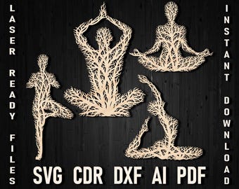 Yoga árbol estilo impresión svg, cartel de yoga svg decoración de arte de pared, decoración de la sala de yoga, impresión de arte del árbol de yoga corte láser Glowforge archivos descarga digital
