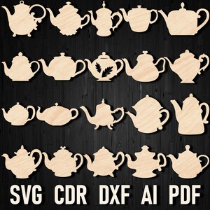 May include: A set of 20 laser-cut teapots in various styles. The teapots are made of wood and are ready to be painted or stained. The teapots are perfect for crafting projects, home decor, or gifts.  SVG, CDR, DXF, AI, and PDF files are included.