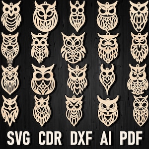 Pacote de brinco Svg de coruja com corte a laser, brincos de animal de pássaro de Natal de coruja ornamento Svg, chaveiro de couro de madeira de coruja pronto Glowforge Cricut Svg