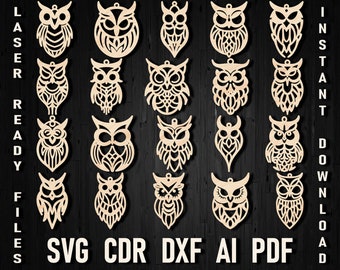 Laser Cut Owl Svg Earring Bundle, Owl Christmas Bird Animal Earrings Svg Ornament, Glowforge Cricut Ready Owl Wooden Leather Keychain Svg