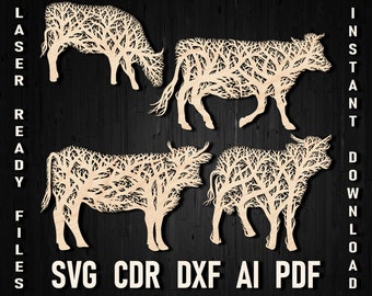 Panneau décoratif art mural Svg arbre vache pour découpe laser et Glowforge, art mural Dxf ferme, ornement vache pour découpe plasma CNC, décor de scène de ferme