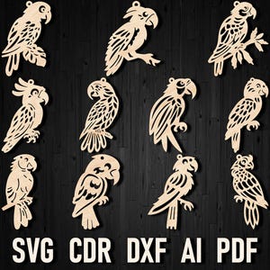 May include: A set of 10 laser-cut parrot SVG files for crafting projects. The parrots are in various poses and designs, perfect for creating unique decorations or ornaments.