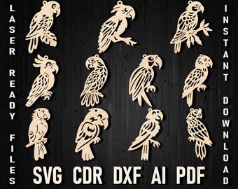 Tropical Parrot Christmas Laser Cut Digital Ornament Bundle Files for Holiday Crafts & Decor SVG/DXF/PDF, Parrot Bird Diy Cricut Glowforge