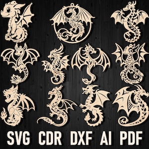 Paquete de archivos cortados con láser en formato SVG de adornos navideños de dragón. Archivos de plantilla vectorial Glowforge de dragón bebé en formato DXF. Plano CNC para máquina de corte de siluetas