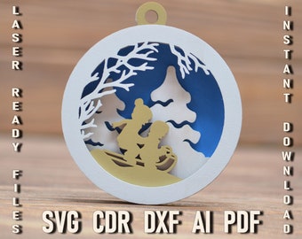 Christmas children on sleds multilayer 3d ornament svg, Christmas laser cut file Glowforge Cut Files for Plywood, Christmas Tree decor Cdr