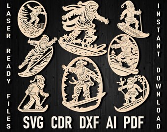 Santa Snowboard Laser Cutting Svg Ornament, Christmas Santa Skiing Mountain Svg Glowforge Ornament, Christmas Toy Decal Vector Diy Cut File