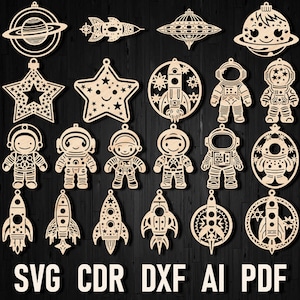 Pacote svg de enfeites de Natal de corte a laser espacial, decoração de padrão de arquivo glowforge de astronauta, arquivos de corte vetorial digital de formato Cricut de foguete
