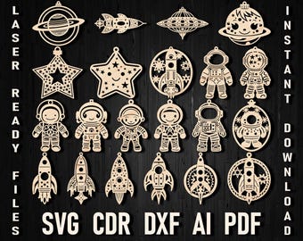 Space Laser cutting Christmas ornaments svg bundle, astronaut glowforge file pattern decor, Rocket Cricut shape Digital Vector cutting Files