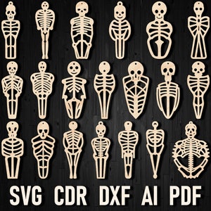 May include: A set of 18 skeleton SVG cut files for crafting. The skeletons are in various poses and styles, perfect for Halloween decorations or projects.