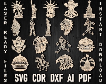 Pliki do wycinania laserowego ozdób świątecznych w Stanach Zjednoczonych, Statua Wolności Orła Kapitolu Glowforge, Pliki Cricut Cowboy Laser 4 lipca