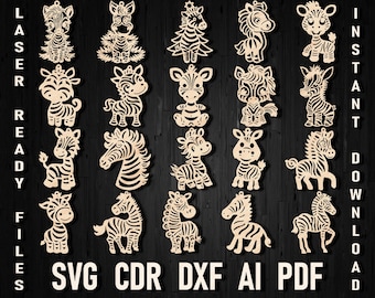 Zebra Christmas Svg Laser Cut Toy Ornament Bundle, Zoo Baby Zebra Jungle DXF files for Glowforge Cricut Safari Wood Africa Decor Template