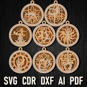 Ornement de Noël découpé au laser Svg yoga pour Glowforge, fichiers découpés au laser mandala yoga, contreplaqué bricolage vectoriel découpé multicouche Dxf 3D, pose de yoga Svg