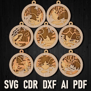 Adorno de pesca navideña svg para árboles de Navidad, archivos cortados con láser glowforge, archivo multicapa, decoración de 3 capas de pescador cdr ai