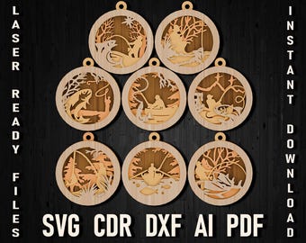 Christmas fishing svg bundle ornament for christmas trees, glowforge laser cut files, Multi-layer file, Fisherman 3 Layers decoration cdr ai