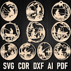 Ornement de Noël découpé au Laser Svg, poisson scène DXF fichiers pour Glowforge amateur de poisson fête des pères décor svg pour cricut modèle de Plan en bois