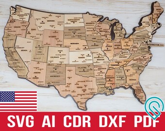 Svg USA laser cutting and engraiving map puzzle, The United States of America pdf glowforge cut files wooden map, US states cdr ai templates