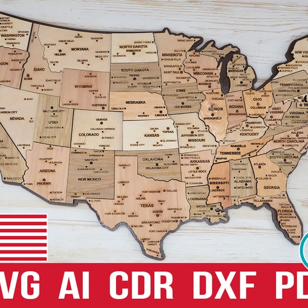 Svg USA laser cutting and engraiving map puzzle, The United States of America pdf glowforge cut files wooden map, US states cdr ai templates
