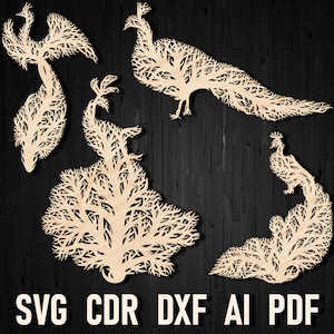 Peacock Tree Panel wall art svg files for laser cutting and glowforge, Peacock ornament and pdf files for plywood wall art panel template
