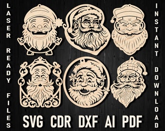 Santa Face Svg Ornament Laser Cut File, Christmas Santa Head Glowforge Ornament, Santa Claus Decal Digital Home Decor Diy Cut File dxf pdf