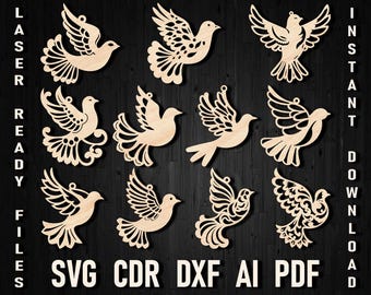 Adorno navideño cortado con láser en forma de paloma, pájaro de la paz, Svg, paloma, árbol de Navidad de madera, decoración vectorial, decoración de guardería, paloma de Navidad, Dxf