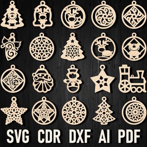Christmas laser cut tree ornament set svg, Customizable Christmas laser cut wooden and plywood ornament, glowforge cricut silhouette baubles