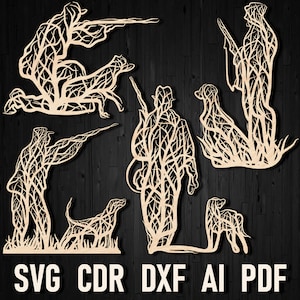 SVG-Jagdbrunnenbaum-Panel-Laserschnittdateien, Jäger- und Hund-dxf-Dateien, Jägerszene für Glowforge und Cricut, SVG-Design Jäger und Ente