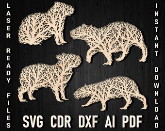 Capybara Tree in floral style svg laser cutting panel file for laser cutting and glowforge, Tree Ornament Capybara wall art decor wood