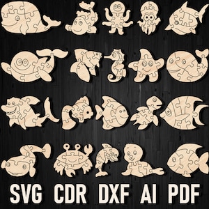 May include: A set of 12 laser-cut wooden puzzle pieces featuring various sea creatures, including a whale, octopus, starfish, seahorse, and fish. The pieces are ready to be assembled and painted.