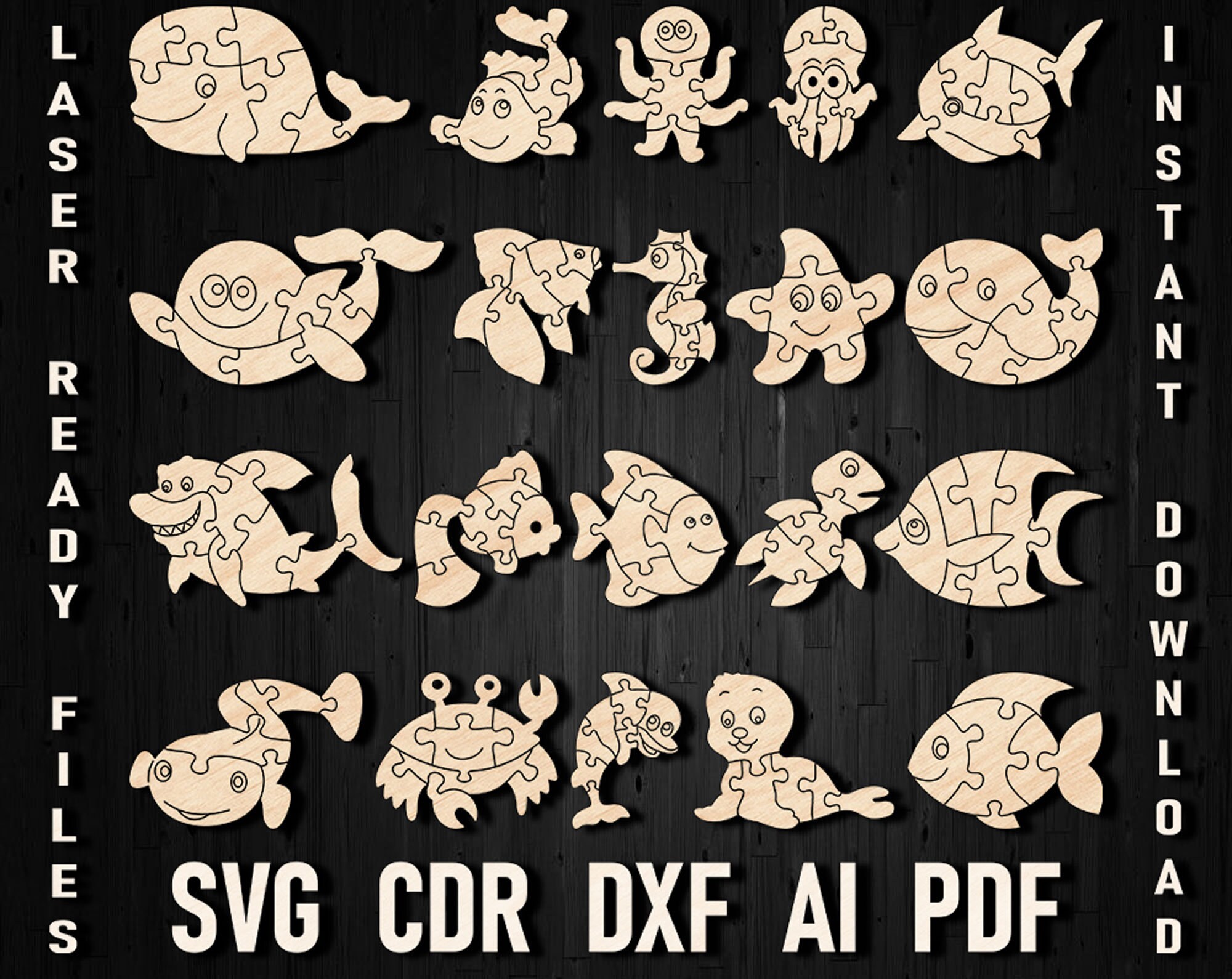 Marine life Puzzle SVG laser cut file, Sea Animals Puzzles for children toddler Learning Toys cricut sillhouette vector cnc laser cut files