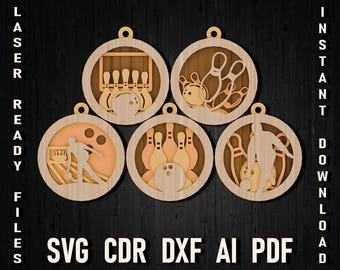 Arquivos de corte a laser de natal svg multicamadas de boliche, arquivos de corte Glowforge da Bowling League Vector Cricut Cut Cutting Xtool Lightburn christmas svg