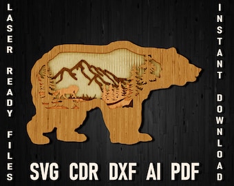 Bär und Pferd mehrschichtige Schnittdateien, 3D Mandala Grizzlybär Dxf Laserschnitt Dateien, Bär Laser CNC Multilayer Cricut Wand Kunst cdr pdf