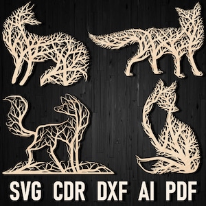 Fichier Svg de décoration murale renard pour machines CNC, sticker mural Svg renard Panno Glowforge arbre en bois, silhouette d'animal sauvage mandala découpé au laser