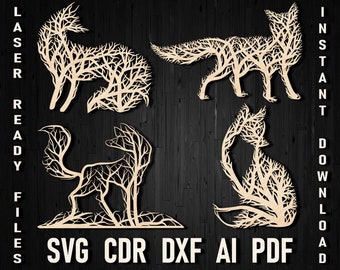Svg Fox wanddecoratie bestand voor CNC-machines, Glowforge houten boom Panno Svg Fox muur sticker, Wildlife dierlijke silhouet Mandala Laser Cut