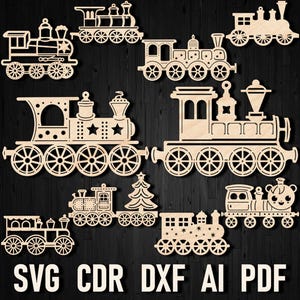 Archivo SVG de tren navideño para Glowforge, juguete Polar Express de árbol de Navidad, plantilla de silueta y láser para decoración vectorial de tren navideño