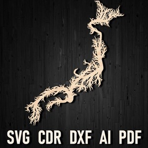 Tree Life Style Japan wall art map laser cut and glowforge file, Japanese Silhouette Map dxf file pattern, Japan cnc plan, Japan Cut File