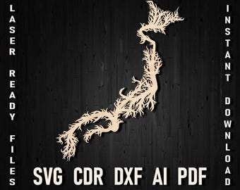 Tree Life Style Japan wall art map laser cut and glowforge file, Japanese Silhouette Map dxf file pattern, Japan cnc plan, Japan Cut File