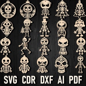 Christmas Skeleton Svg Laser Cut Ornament, Skull Glowforge Halloween Sugar skull Xtool Lightburn Glowforge Flux Cricut Dxf cutter Day Dead