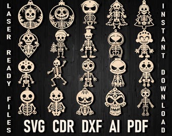 Christmas Skeleton Svg Laser Cut Ornament, Skull Glowforge Halloween Sugar skull Xtool Lightburn Glowforge Flux Cricut Dxf cutter Day Dead