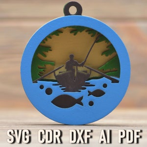 Adorno svg de pesca para archivos cortados con láser, archivos cortados con láser Glowforge, archivo multicapa, silueta de pescador para cricut Fishing Boat svg cdr