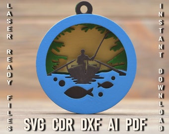 Fishing svg ornament for laser cut files, glowforge laser cut files, Multi-layer file, Fisherman silhouette for cricut Fishing Boat svg cdr