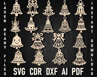 Christmas Bell Ornaments Template Svg Laser Cut Silhouette, Christmas Bells DXF files for Glowforge Cricut Wood Plan Bauble Sublimation