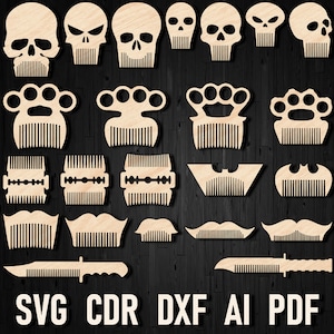 Svg Laser Cut Beard combs, Hair Combs svg dxf files for laser, hair assessory original beard combs, Comb plans cnc digital cutting file