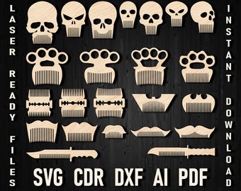 Svg Laser Cut Baardkammen, Haarkammen svg dxf-bestanden voor laser, haarbeoordeling originele baardkammen, Kamplannen cnc digitaal snijbestand